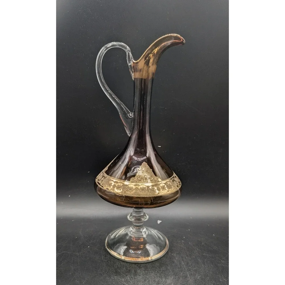 Vintage Amber Smoke Glass Decanter Gold Encrusted Floral Scroll Pedestal Handle
